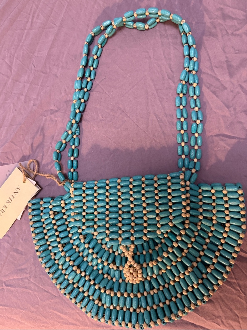 Antik Kraft Turquoise Wooden Bead Shoulder Bag – Made in India